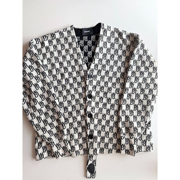 WE11DONE WD1 White Black Logo Wool Cashmere Jacquard Cardigan Sweater, Size S - Picture 5 of 16